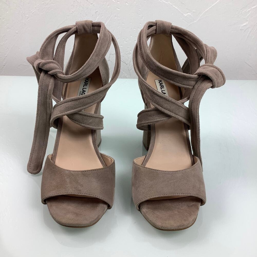 Karl Lagerfeld Racha Nude Suede Ankle tie Block heels warp sandals SZ 7.5M - Picture 6 of 12